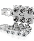 Beefy 16-Way Lead Acid Battery Post Terminal Ends With Distribution Block Bus Bar For 8 AWG Up To 4/0 XL Gauge Positive And Negative For SAE DIN EN Tapered Top Posts, silver metal terminals