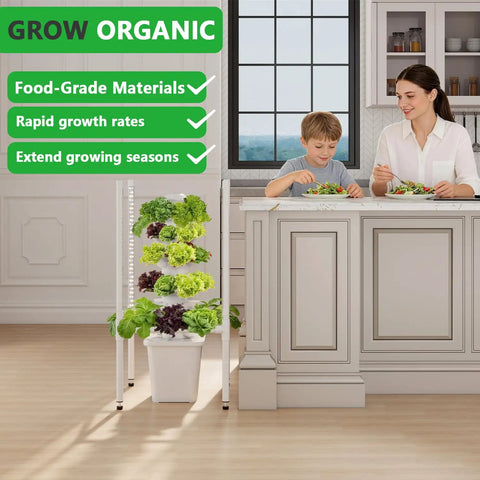 Dope Indoor Hydroponic Garden Tower With 30 Pods 48W LED Grow Light Year Round Herb And Veggie Garden in modern kitchen