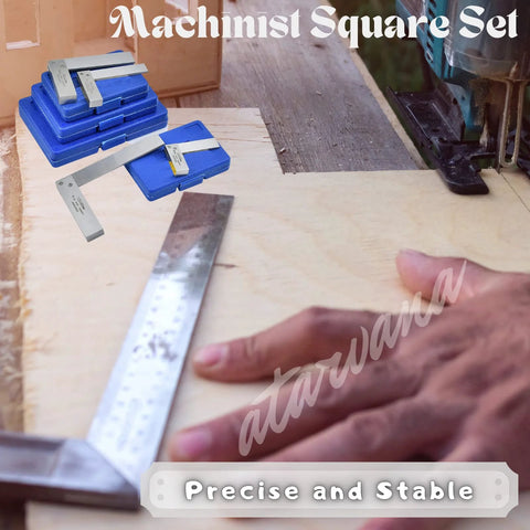 Machinist square set with 2–6 in steel L-shaped squares in blue cases on a woodworking bench
