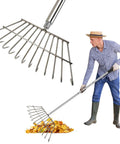Heavy Duty Stainless Steel Lawn Rake With Extended Handle For Leaves Debris Thatch Dethatcher And Weed Removal In Gardens And Lawns Pro Grade Rake For Yard Landscaping And Camping Use being used by a person to gather leaves.