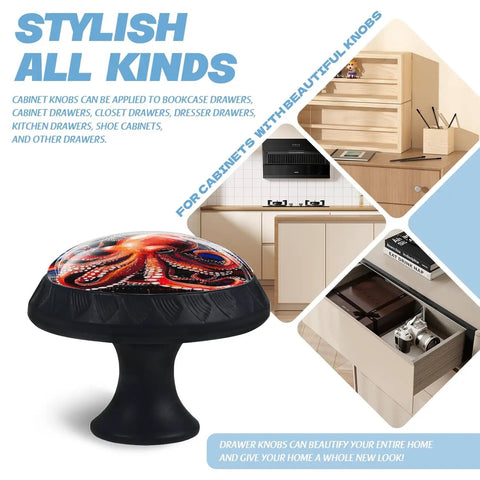 Seriously Stunning Crystal Cabinet Knobs With A Bold Red Octopus Artwork And Retro Mushroom Vibes For Any Kitchen Or Dresser Including Secure Mounting Screws Inside A Top Shelf Two Pack Setup That Truly Slays, showcasing octopus design.