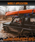Heavy Duty Ratchet Tie Down Straps 4 Pack 15 Foot Long Truck Bed Cargo Hauler Rig For Bikes And Trailers 2200 Pound No Slip Hold With Premium Tough Blue Webbing securing a kayak on a vehicle rooftop in muddy terrain.