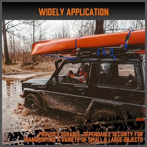 Heavy Duty Ratchet Tie Down Straps 4 Pack 15 Foot Long Truck Bed Cargo Hauler Rig For Bikes And Trailers 2200 Pound No Slip Hold With Premium Tough Blue Webbing securing a kayak on a vehicle rooftop in muddy terrain.