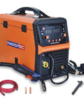 All In One 200A Welder For Pros 4 In 1 Gas MIG Flux Core MIG Stick Lift TIG Portable Weld Machine Dual Voltage 110V 220V IGBT Inverter With LCD Display And User Friendly Interface, featuring orange and black design, LCD display, and accessories.