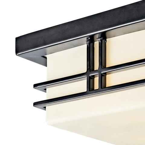 Close-up of Outdoor Semi Flush Light With A Slick Black Finish, 2 Light Exterior Ceiling Light With Satin Etched Cased Opal Glass
