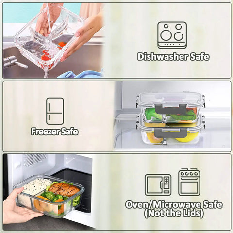 Premium Borosilicate Glass Meal Prep Containers 5 Pack With 3 Compartments And Lids Dishwasher, Freezer, Oven Safe