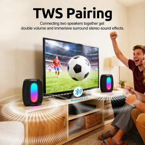 Portable Bluetooth Speaker With Loud Stereo Sound And Beastly Bass, 8 LED Light Modes, TWS Pairing in living room setup.