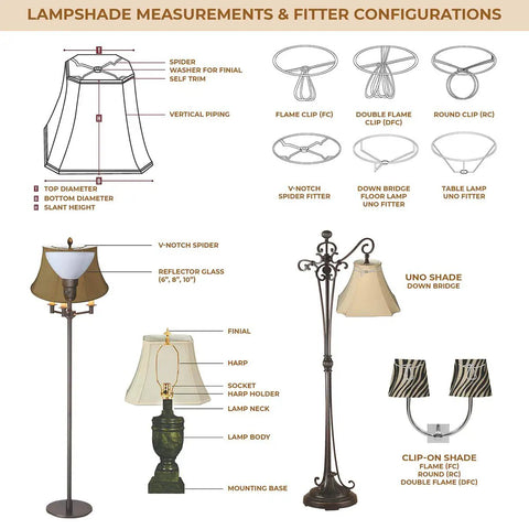 Illustrations of various lampshade fittings and measurements, including Empire English Pleat Lamp Shade configuration details.
