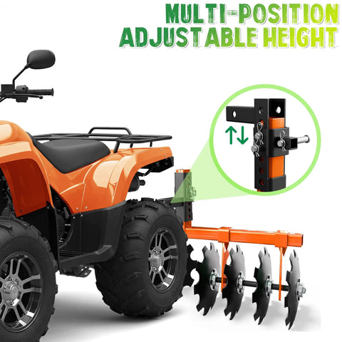 Tow Behind 32 Inch Disc Plow Harrow Attachment For ATV UTV And Garden Tractors Fits 2 Inch Receiver Hitch Orange with adjustable height
