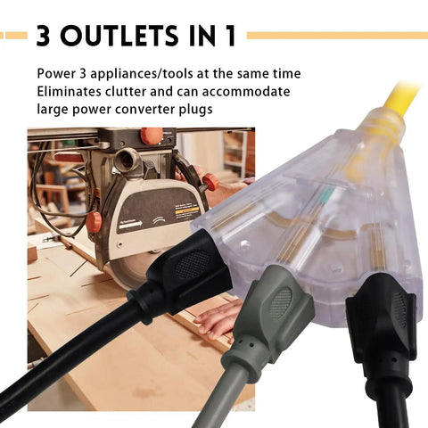 Lighted 50 Ft Outdoor Extension Cord With 3 Outlets Heavy Duty 14 Gauge 3 Conductor SJTW Bright Yellow Cable 3 Prong Grounded Plug