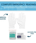 Primacare RS-6848 first aid kit components: pair of white vinyl medical gloves and alcohol prep pads (front view)