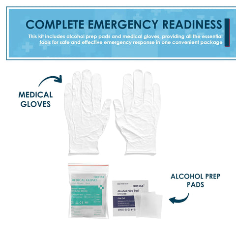 Primacare RS-6848 first aid kit components: pair of white vinyl medical gloves and alcohol prep pads (front view)