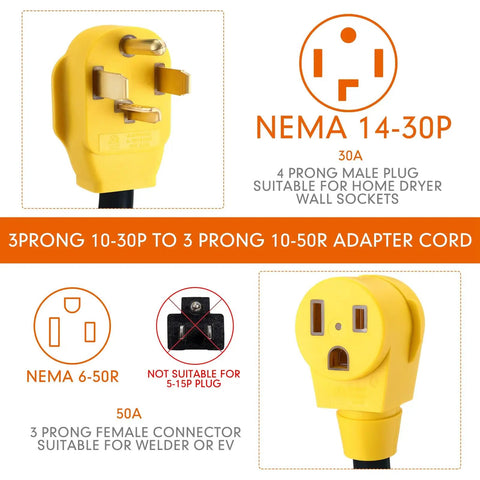 Badass 1 Ft Nema 14-30P To 6-50R Welder Adapter Cord With 10 Awg Stw Build And ETL Approval showing NEMA 14-30P 4 prong male plug.
