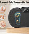 Full Body Vibration Plate Shake Platform showing ergonomic foot relief with pressure points highlighted for home gym use.