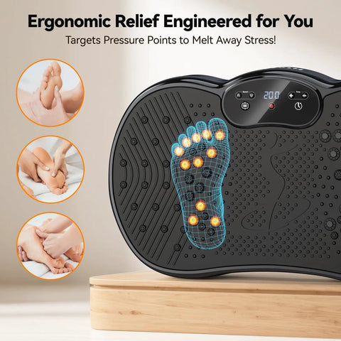 Full Body Vibration Plate Shake Platform showing ergonomic foot relief with pressure points highlighted for home gym use.