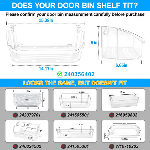 Comparison of refrigerator door bin dimensions with 2 Pack Beefed Up Refrigerator Door Bin Replacement For Side By Side Models chart