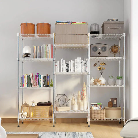 Heavy Duty 4 Tier Metal Wire Shelving Unit For Garage And Home Storage with books and decor items displayed on shelves