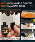Front view: nozzle anti-stick coating bottle (5 ml) with dropper applying coating to a 3D printer nozzle.