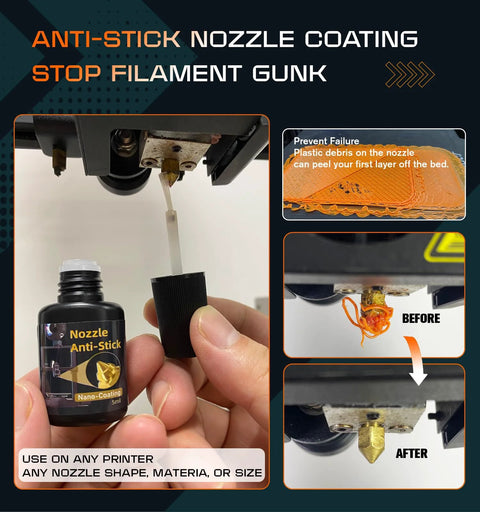 Front view: nozzle anti-stick coating bottle (5 ml) with dropper applying coating to a 3D printer nozzle.