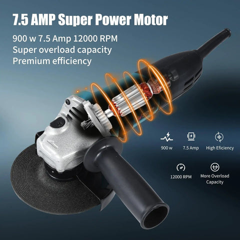 Diagram of Powerful 7.5 Amp Corded Angle Grinder With 11,000 RPM For Metal Cutting And Grinding, showing motor efficiency features.