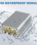 Beefy 60A 720W DC 12V Voltage Reducer for Golf Carts and Trucks, IP68 waterproof module shown amid water droplets