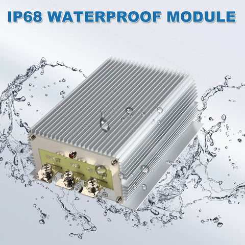 Beefy 60A 720W DC 12V Voltage Reducer for Golf Carts and Trucks, IP68 waterproof module shown amid water droplets