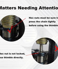 Heavy Duty Chain Breaker Riveting Tool For Chains And Link Pins showing hex nuts usage instructions for bikes and ATVs