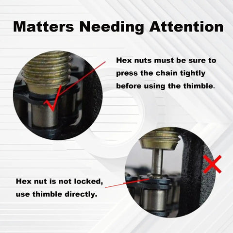 Heavy Duty Chain Breaker Riveting Tool For Chains And Link Pins showing hex nuts usage instructions for bikes and ATVs