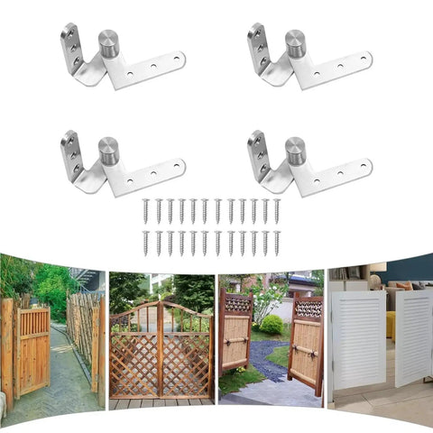 Heavy Duty Pivot Door Hinges Four Pack Premium Stainless Steel Mounting Kit For Modern Interior Doors showing four hinges and screws.
