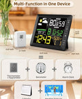 Indoor Outdoor Wireless Weather Station With Large Six Point Seven Inch LCD Display Digital Thermometer Hygrometer Barometric Pressure Real Time Weather Forecast Alarm Clock Temperature And Humidity Calibration For Home on desk