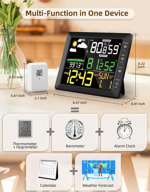 Indoor Outdoor Wireless Weather Station With Large Six Point Seven Inch LCD Display Digital Thermometer Hygrometer Barometric Pressure Real Time Weather Forecast Alarm Clock Temperature And Humidity Calibration For Home on desk