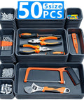 50 Piece Toolbox Organizer Set With Five Sizes For Drawer, Rolling Tool Chest Or Workbench Storage, Handy Bins Include 2XL, 4L, 8M, 8S And 28XS visible with tools and screws