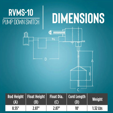 Dimensions diagram of Auto Piggyback Vertical Mechanical Pump Down Float Switch for Pumps Up To Half Horsepower with 10 Foot Cord.