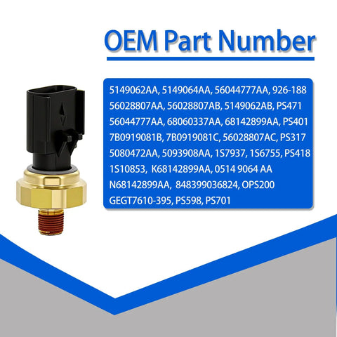 Close-up of Oil Pressure Sensor Replacement Kit With Easy Fit Socket And Filter For Dodge Chrysler Jeep Vehicles, showing OEM part numbers