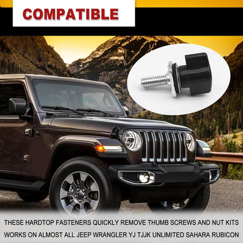 Universal Jeep Wrangler Hard Top Fastener Kit With Quick Release Bolts No Tools Needed shown on a black Jeep Wrangler