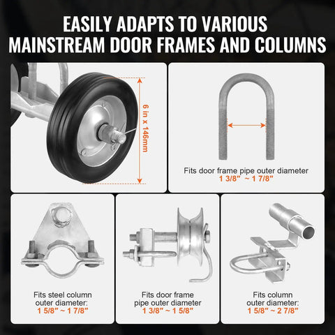 Beefy Sliding Gate Kit with 6-inch wheels, C-type carrier, galvanized rust resistant hardware, fits various door frames