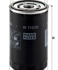 W 719 30 Spin On Oil Filter Replacement For VW Golf GTI Jetta Passat Audi A6 S4 shown with dimensions and Mann Filter branding