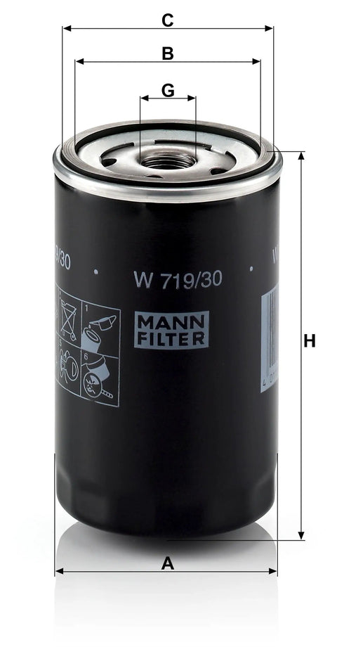 W 719 30 Spin On Oil Filter Replacement For VW Golf GTI Jetta Passat Audi A6 S4 shown with dimensions and Mann Filter branding