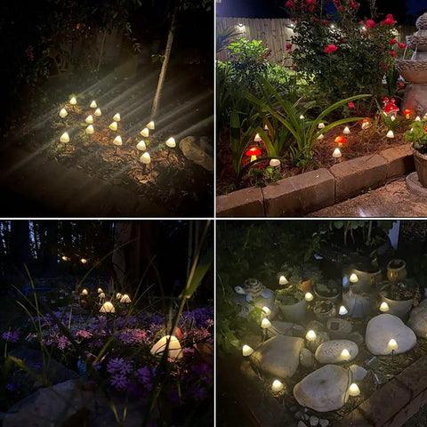Mushroom Solar String Lights 15-Piece Set 29.5 Ft Total Warm White 8 Modes Outdoor Fairy Lights in garden path and flower bed