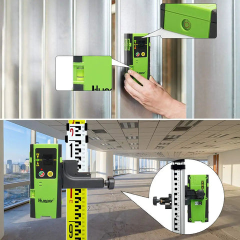 Laser Receiver For Green And Red Beams With Pulse Mode Only, 200 Ft Range, Three Sided LED Display, Clamp Included in use on site.
