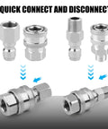 Two-pack stainless steel 1/4 in NPT quick-connect fittings, male/female with internal/external threads (installed view)