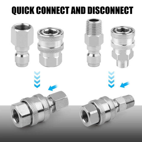 Two-pack stainless steel 1/4 in NPT quick-connect fittings, male/female with internal/external threads (installed view)