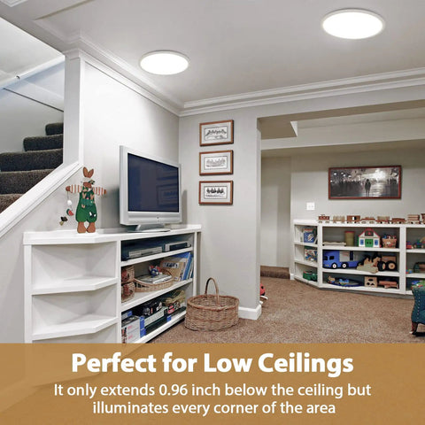 Two Pack Slim LED Flush Mount Ceiling Lights 12 Inch installed in a modern living area with low ceilings