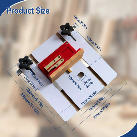Top view of Box Joint Router Jig Kit For Table Saws And Router Tables With Brass Indexing Keys with dimensions shown.