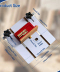 Top view of Rock Solid Box Joint Jig For Router Table featuring size dimensions on melamine surface.