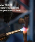 MAP Gas Propane Torch Head With CGA600 Connection heating metal at 3800°F, showcasing adjustable flame and self ignition.