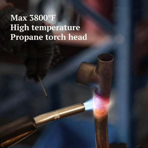 MAP Gas Propane Torch Head With CGA600 Connection heating metal at 3800°F, showcasing adjustable flame and self ignition.