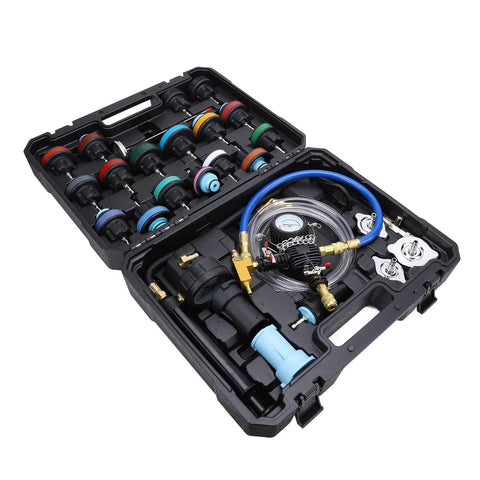 Phefop 28 Piece Radiator Coolant Pressure Tester Vacuum Refill Kit With Leak Detector And Hand Pump Accurate Gauge Color Coded Caps For Cars Trucks