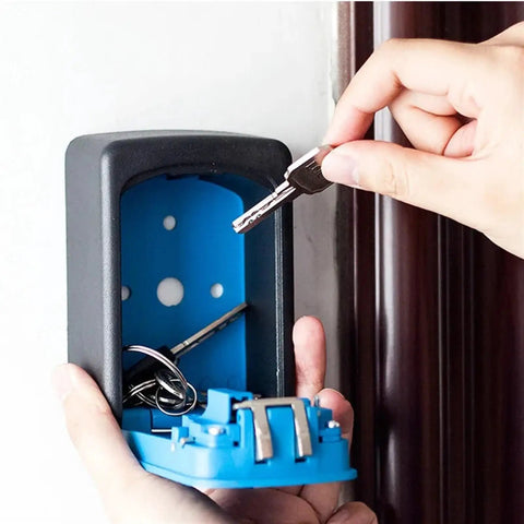 Durable 4 Digit Combination Code Lock Storage Box with a key being inserted, displaying metal and blue plastic interior design.