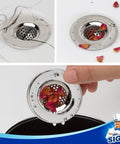 Stainless Steel Bathroom Sink Strainer Set 3 Pack Hair Catcher For Bathroom Laundry And Utility Sinks Outer Diameter 2.1 Inches Inner Diameter 1 Inch Drain Protector For Shower And Lavatory Drains shown collecting hair and debris.
